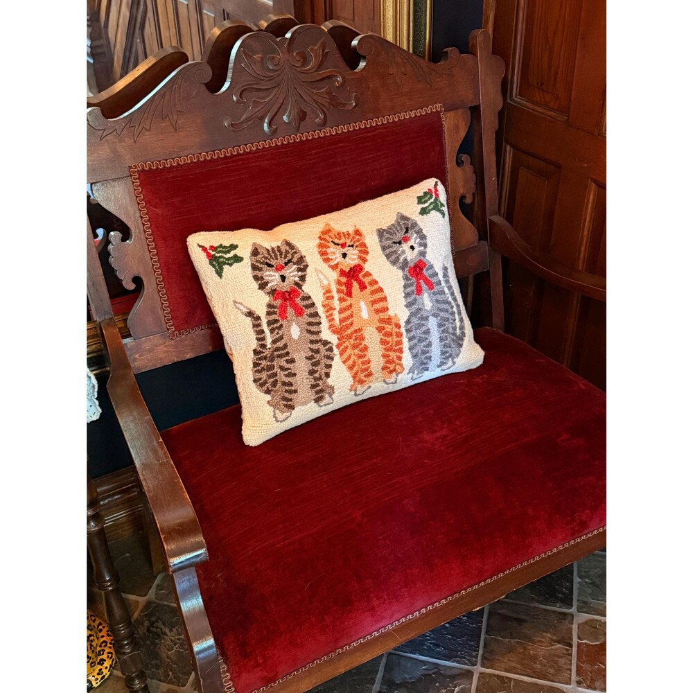 Vintage Hand Hooked Christmas Cat Throw Pillow w/ Velvet Back